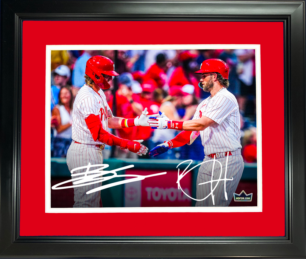 Framed Bryce Harper & Bryson Stott Philadelphia Phillies Dual Facsimile Laser Engraved Signature Auto 11"x14" Baseball Photo HOFSM Holo (ONLINE ORDER ONLY)