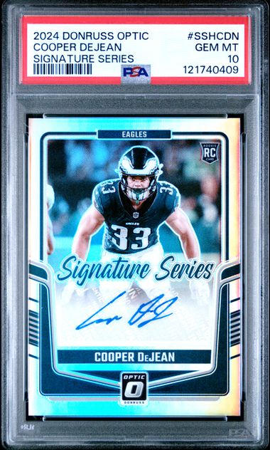 Graded 2024 Panini Donruss Optic Signature Series Cooper DeJean #SSHCDN Auto Rookie RC Football Card PSA 10 Gem Mint (ONLINE ORDER ONLY)