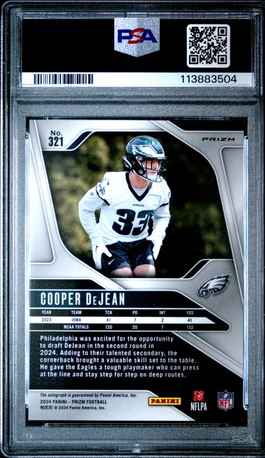 Graded 2024 Panini Prizm Autograph Cooper DeJean #321 Rookie RC Football Card PSA 10 Gem Mint (ONLINE ORDER ONLY)