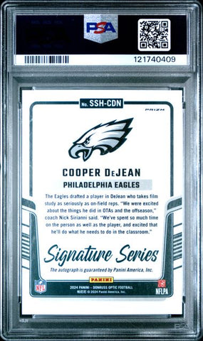 Graded 2024 Panini Donruss Optic Signature Series Cooper DeJean #SSHCDN Auto Rookie RC Football Card PSA 10 Gem Mint (ONLINE ORDER ONLY)