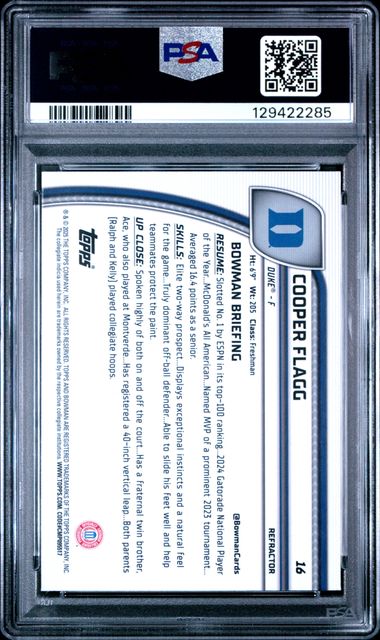 Graded 2024 Topps Bowman Chrome U Cooper Flagg #16 Refractor Rookie RC Basketball Card PSA 9 Mint (ONLINE ORDER ONLY)