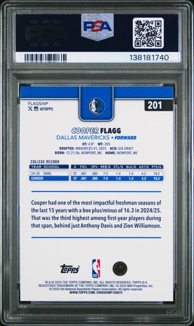 Graded 2025 Topps Cooper Flagg #201 Rookie RC Basketball Card PSA 10 Gem Mint (ONLINE ORDER ONLY)
