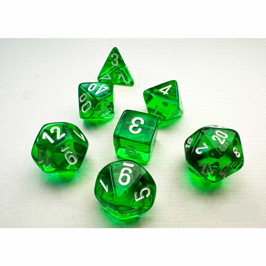 CHX20375 Green Translucent Mini Dice with White Numbers 10mm (3/8in) Set of 7 (ONLINE ORDER ONLY)