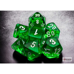 CHX20375 Green Translucent Mini Dice with White Numbers 10mm (3/8in) Set of 7 (ONLINE ORDER ONLY)