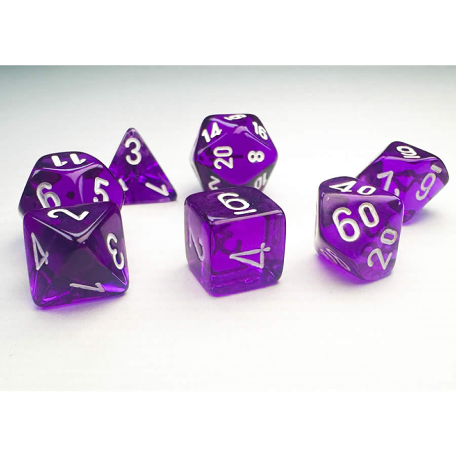 CHX20377 Purple Translucent Mini Dice with White Numbers 10mm (3/8in) Set of 7 (ONLINE ORDER ONLY)
