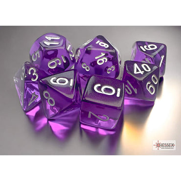 CHX20377 Purple Translucent Mini Dice with White Numbers 10mm (3/8in) Set of 7 (ONLINE ORDER ONLY)