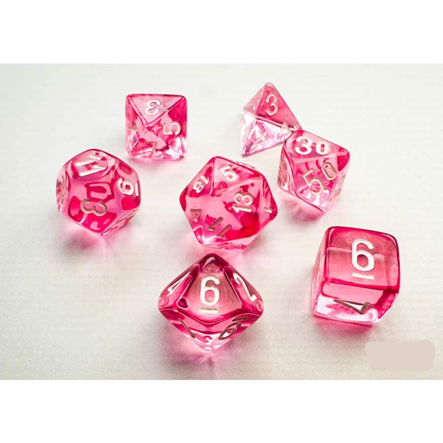 CHX20384 Pink Translucent Mini Dice with White Numbers 10mm (3/8in) Set of 7 (ONLINE ORDER ONLY)