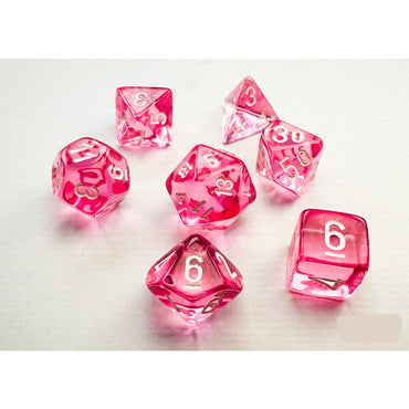CHX20384 Pink Translucent Mini Dice with White Numbers 10mm (3/8in) Set of 7 (ONLINE ORDER ONLY)
