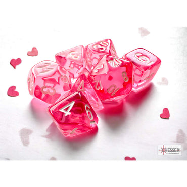 CHX20384 Pink Translucent Mini Dice with White Numbers 10mm (3/8in) Set of 7 (ONLINE ORDER ONLY)
