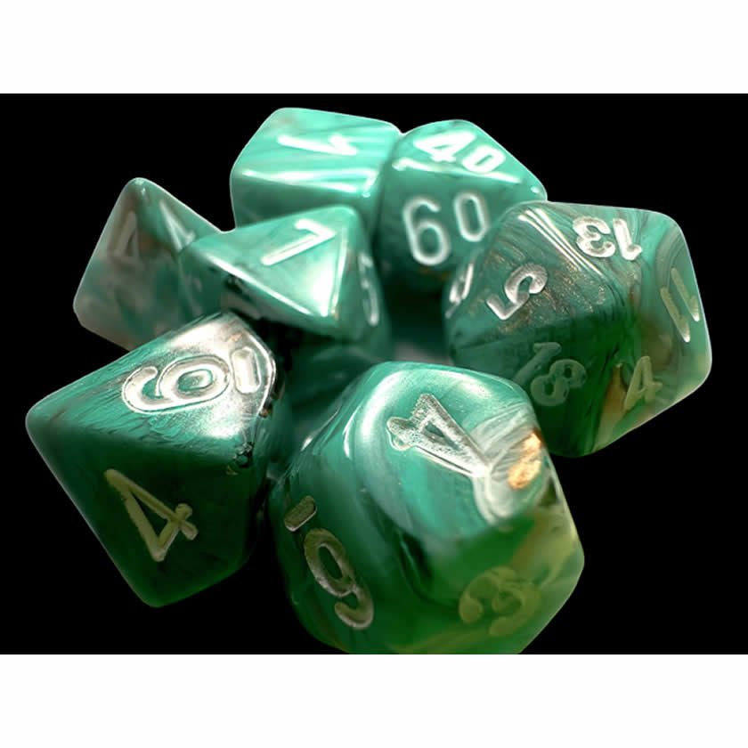 CHX20403 Oxi-Copper Marble Mini Dice with White Numbers 10mm (3/8in) Set of 7 Chessex (ONLINE ORDER ONLY)