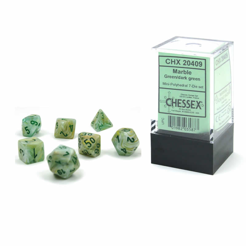 CHX20409 Green Marble Mini Dice with White Numbers 10mm (3/8in) Set of 7 (ONLINE ORDER ONLY)