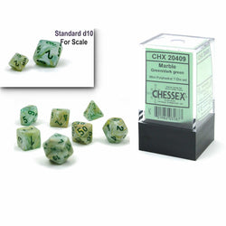 CHX20409 Green Marble Mini Dice with White Numbers 10mm (3/8in) Set of 7 (ONLINE ORDER ONLY)
