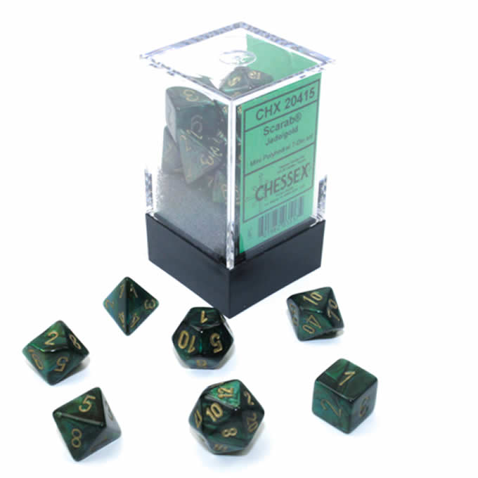CHX20415 Jade Scarab Mini Dice with Gold Colored Numbers 10mm (3/8in) Set of 7 (ONLINE ORDER ONLY)