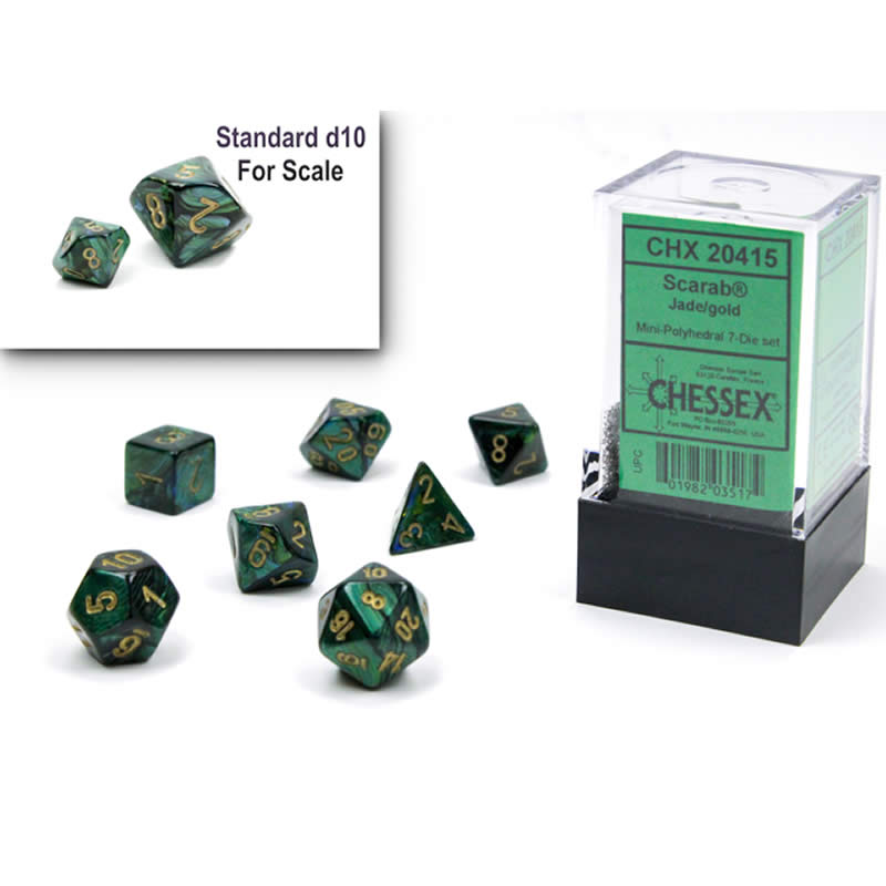 CHX20415 Jade Scarab Mini Dice with Gold Colored Numbers 10mm (3/8in) Set of 7 (ONLINE ORDER ONLY)