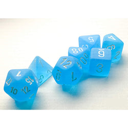 CHX20416 Caribbean Blue Frosted Mini Dice with White Colored Numbers 10mm (3/8in) Set of 7 (ONLINE ORDER ONLY)