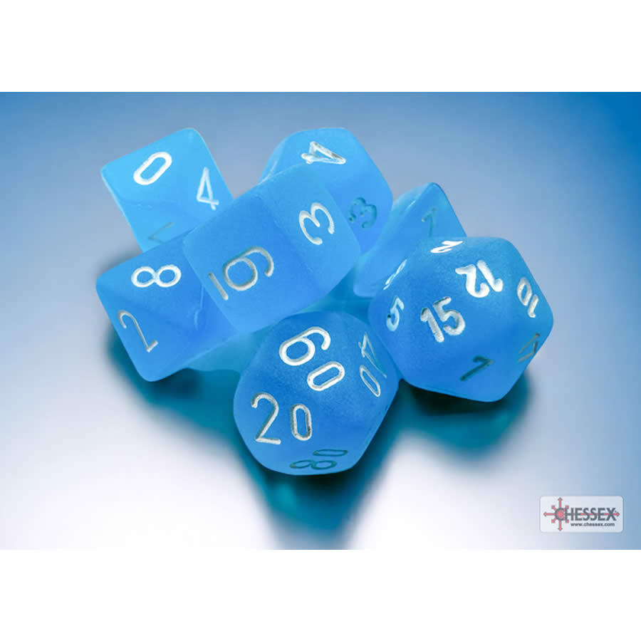 CHX20416 Caribbean Blue Frosted Mini Dice with White Colored Numbers 10mm (3/8in) Set of 7 (ONLINE ORDER ONLY)