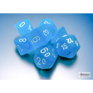 CHX20416 Caribbean Blue Frosted Mini Dice with White Colored Numbers 10mm (3/8in) Set of 7 (ONLINE ORDER ONLY)