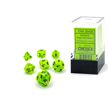 CHX20430 Bright Green Vortex Mini Dice with Black Numbers 10mm (3/8in) Set of 7 (ONLINE ORDER ONLY)
