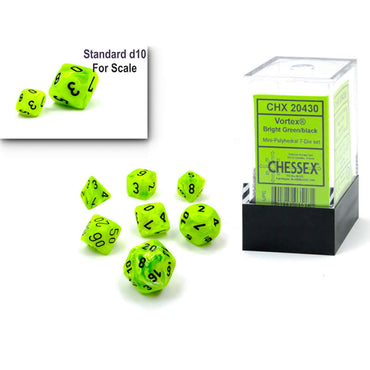 CHX20430 Bright Green Vortex Mini Dice with Black Numbers 10mm (3/8in) Set of 7 (ONLINE ORDER ONLY)