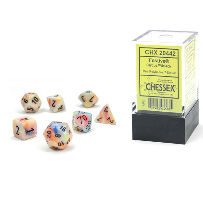 CHX20442 Circus Festive Mini Dice with Black Numbers 10mm (3/8in) Set of 7 (ONLINE ORDER ONLY)