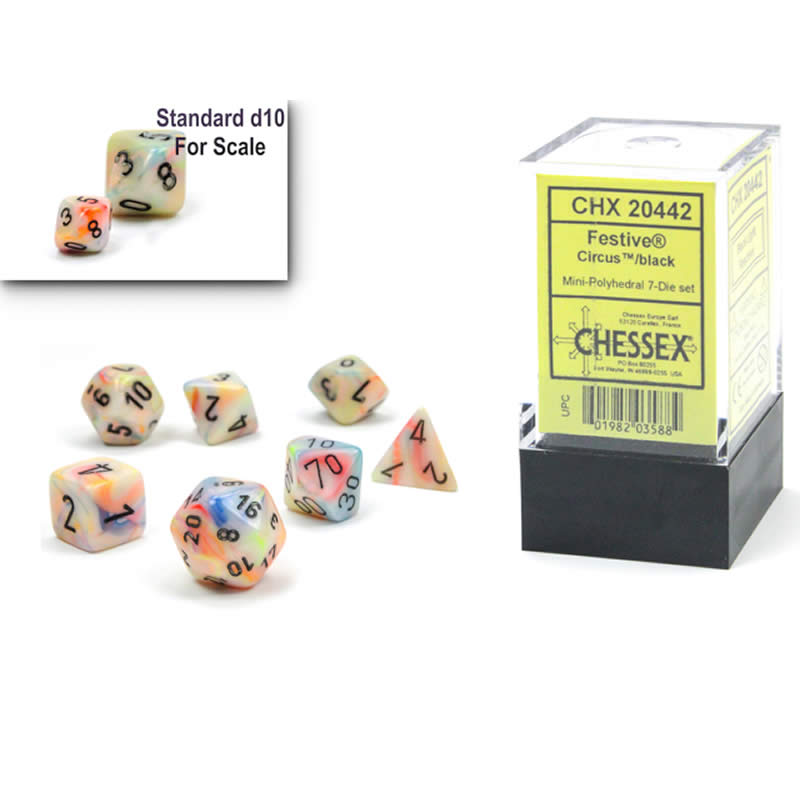 CHX20442 Circus Festive Mini Dice with Black Numbers 10mm (3/8in) Set of 7 (ONLINE ORDER ONLY)