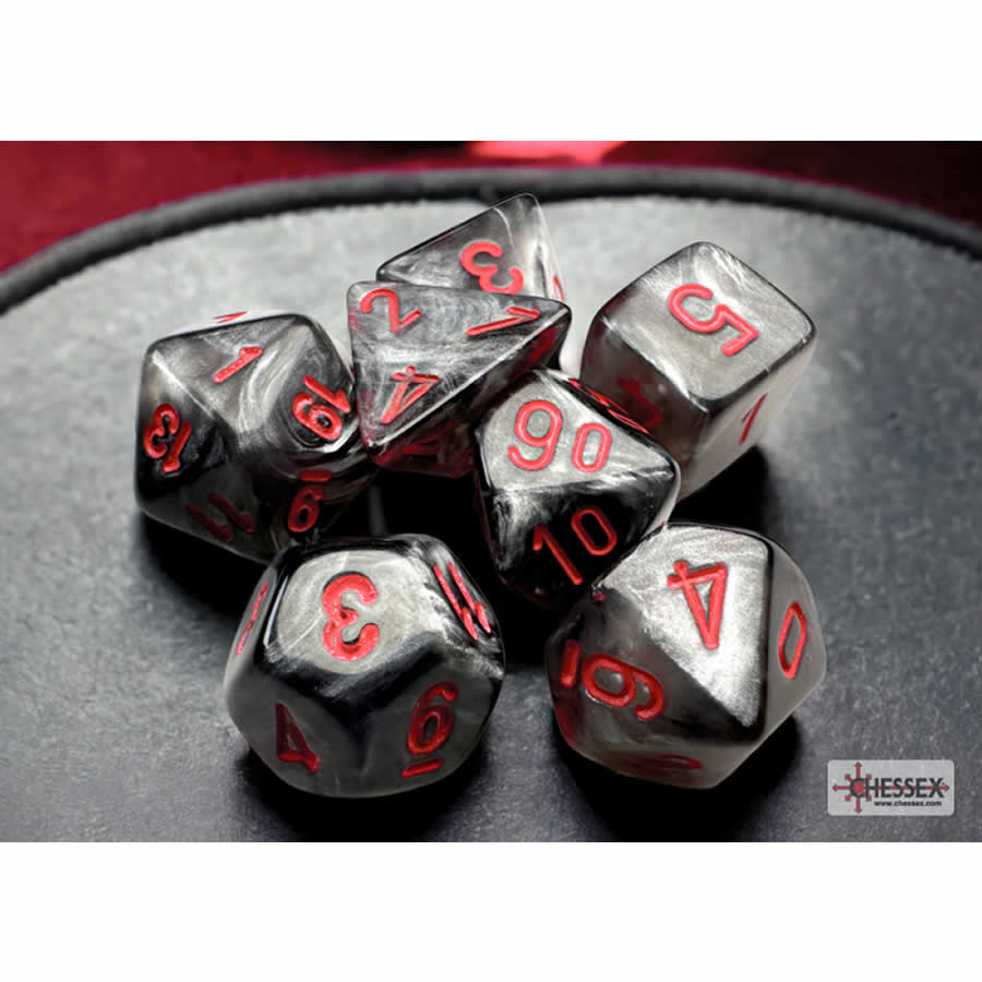 CHX20478 Black Velvet Mini Dice with Red Numbers 10mm (3/8in) Set of 7 (ONLINE ORDER ONLY)