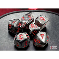 CHX20478 Black Velvet Mini Dice with Red Numbers 10mm (3/8in) Set of 7 (ONLINE ORDER ONLY)