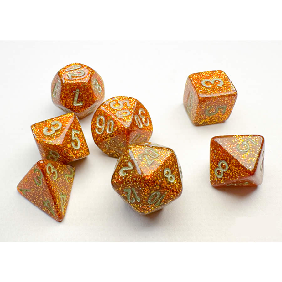CHX20503 Gold Glitter Mini Dice with Silver Colored Numbers 10mm (3/8in) Set of 7 (ONLINE ORDER ONLY)