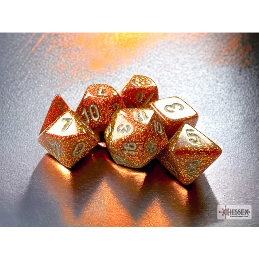 CHX20503 Gold Glitter Mini Dice with Silver Colored Numbers 10mm (3/8in) Set of 7 (ONLINE ORDER ONLY)