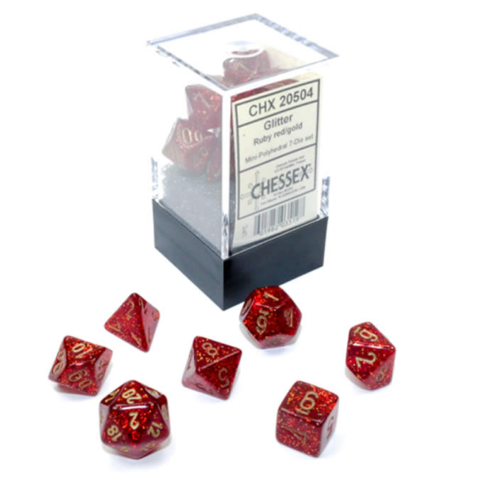 CHX20504 Ruby Glitter Mini Dice with Gold Colored Numbers 10mm (3/8in) Set of 7 (ONLINE ORDER ONLY)