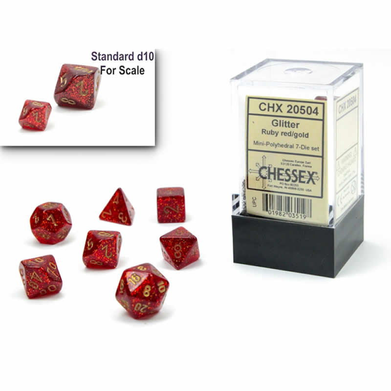 CHX20504 Ruby Glitter Mini Dice with Gold Colored Numbers 10mm (3/8in) Set of 7 (ONLINE ORDER ONLY)