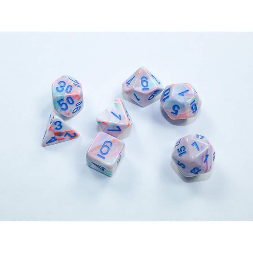 CHX20544 Pop Art Festive Mini Dice with Blue Colored Numbers 10mm (3/8in) Set of 7 (ONLINE ORDER ONLY)