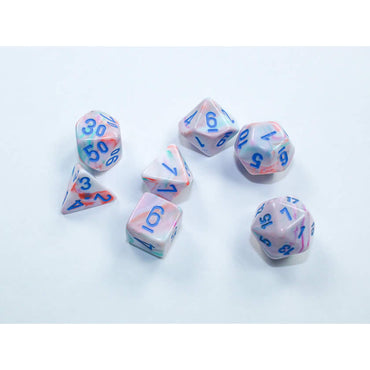 CHX20544 Pop Art Festive Mini Dice with Blue Colored Numbers 10mm (3/8in) Set of 7 (ONLINE ORDER ONLY)