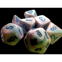 CHX20544 Pop Art Festive Mini Dice with Blue Colored Numbers 10mm (3/8in) Set of 7 (ONLINE ORDER ONLY)