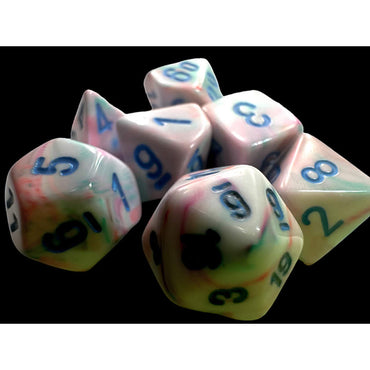 CHX20544 Pop Art Festive Mini Dice with Blue Colored Numbers 10mm (3/8in) Set of 7 (ONLINE ORDER ONLY)