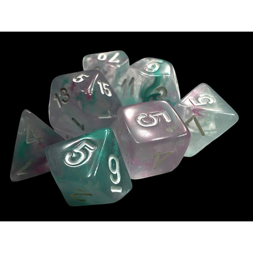 CHX20545 Wisteria Nebula Mini Dice with White Colored Numbers 10mm (3/8in) Set of 7 (ONLINE ORDER ONLY)