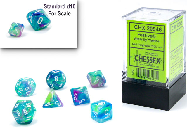 Chessex Festive Mini Polyhedral 7 Die Set Waterlily / White (ONLINE ORDER ONLY)