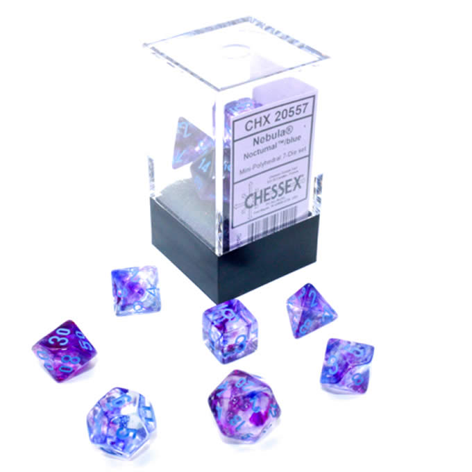 CHX20557 Nocturnal Nebula Luminary Mini Dice with Blue Numbers 10mm (3/8in) Set of 7 (ONLINE ORDER ONLY)