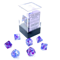 CHX20557 Nocturnal Nebula Luminary Mini Dice with Blue Numbers 10mm (3/8in) Set of 7 (ONLINE ORDER ONLY)