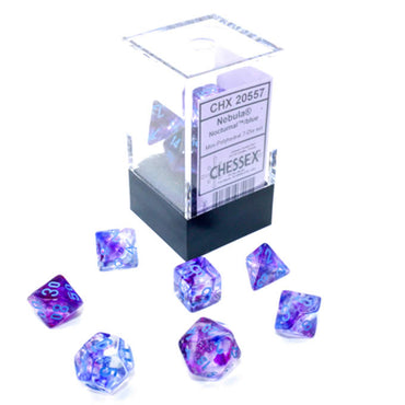 CHX20557 Nocturnal Nebula Luminary Mini Dice with Blue Numbers 10mm (3/8in) Set of 7 (ONLINE ORDER ONLY)