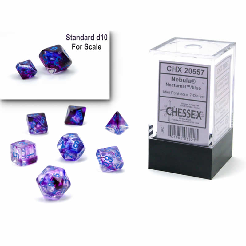 CHX20557 Nocturnal Nebula Luminary Mini Dice with Blue Numbers 10mm (3/8in) Set of 7 (ONLINE ORDER ONLY)