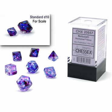 CHX20557 Nocturnal Nebula Luminary Mini Dice with Blue Numbers 10mm (3/8in) Set of 7 (ONLINE ORDER ONLY)