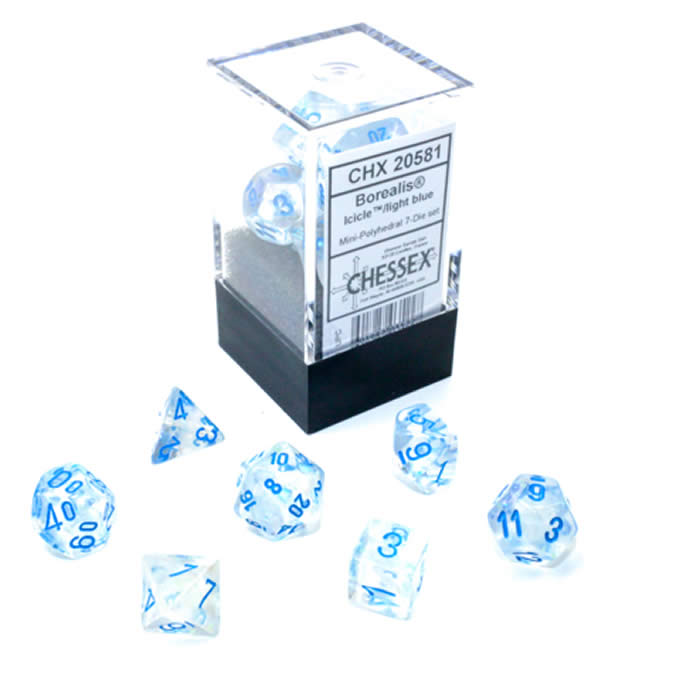 CHX20581 Icicle Borealis Luminary Mini Dice with Light Blue Numbers 10mm (3/8in) Set of 7 (ONLINE ORDER ONLY)