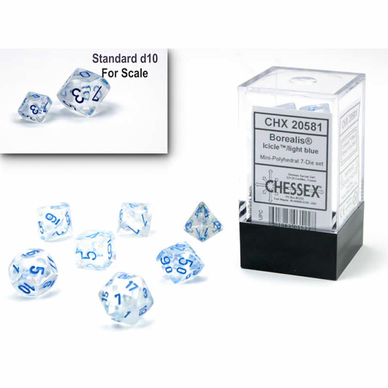CHX20581 Icicle Borealis Luminary Mini Dice with Light Blue Numbers 10mm (3/8in) Set of 7 (ONLINE ORDER ONLY)