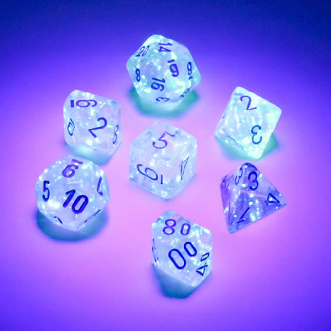 CHX20581 Icicle Borealis Luminary Mini Dice with Light Blue Numbers 10mm (3/8in) Set of 7 (ONLINE ORDER ONLY)