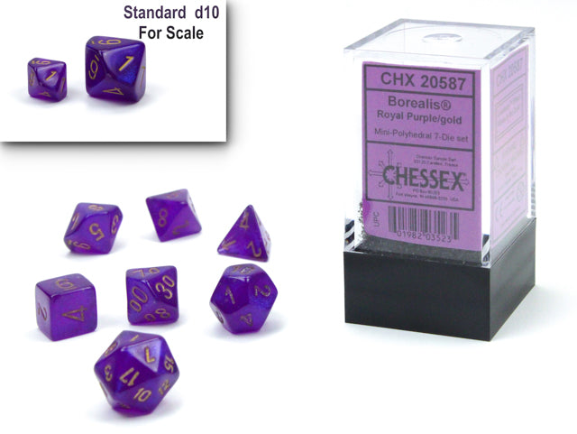 Chessex Borealis Mini Polyhedral 7 Die Set Royal Purple / Gold Luminary (ONLINE ORDER ONLY)