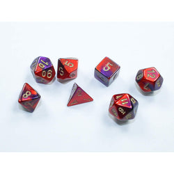 CHX20626 Purple and Red Gemini Mini Dice with Gold Colored Numbers 10mm (3/8in) Set of 7 (ONLINE ORDER ONLY)