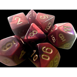 CHX20626 Purple and Red Gemini Mini Dice with Gold Colored Numbers 10mm (3/8in) Set of 7 (ONLINE ORDER ONLY)