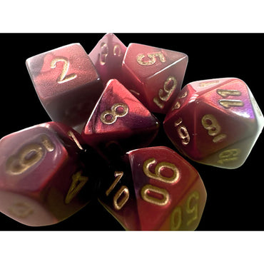 CHX20626 Purple and Red Gemini Mini Dice with Gold Colored Numbers 10mm (3/8in) Set of 7 (ONLINE ORDER ONLY)