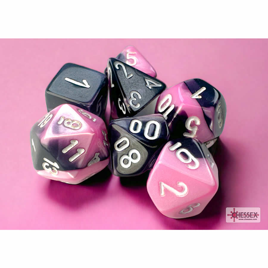 CHX20630 Black and Pink Gemini Mini Dice with White Colored Numbers 10mm (3/8in) Set of 7 (ONLINE ORDER ONLY)